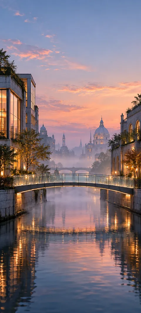 A glass footbridge crosses a fog-softened canal.
