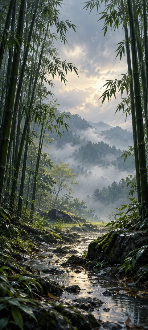 A narrow clearing opens through tall bamboo in gentle rain.
