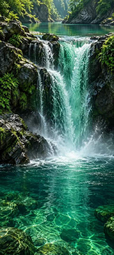 An emerald waterfall drops through moss and mist.