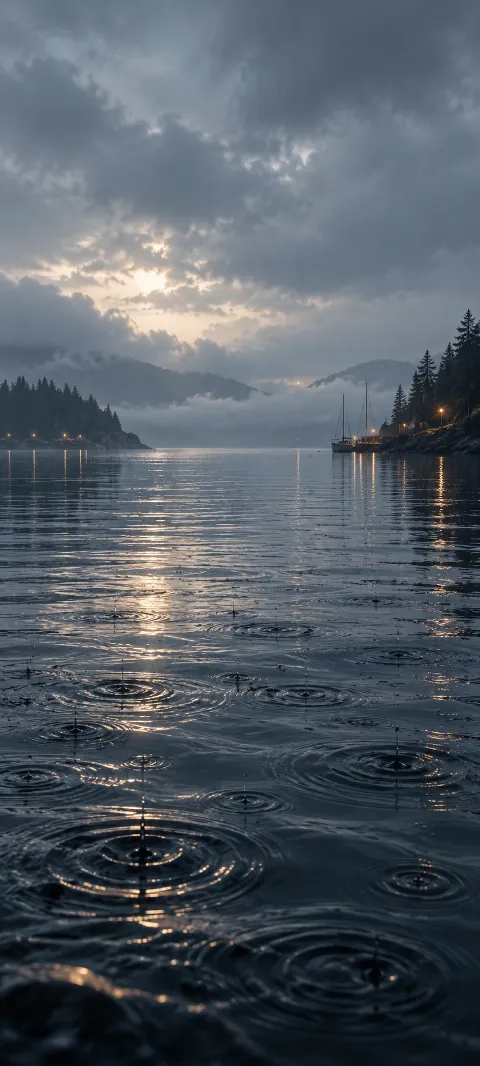 Rain circles spread across dark harbor water.