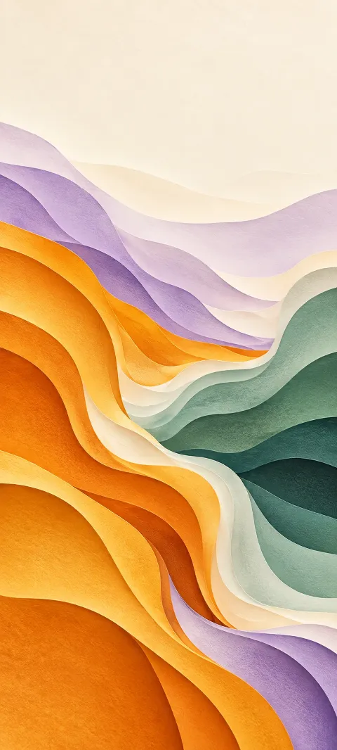 Layered saffron, lilac, cream and sea green paper-like waves form a flowing abstract composition.