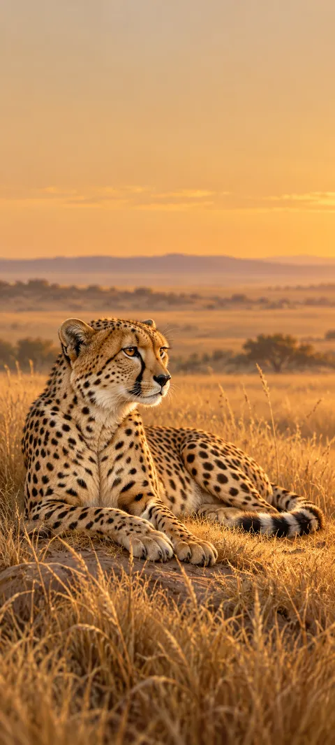 A resting cheetah with a curled tail in golden savanna grass beneath a warm sky.