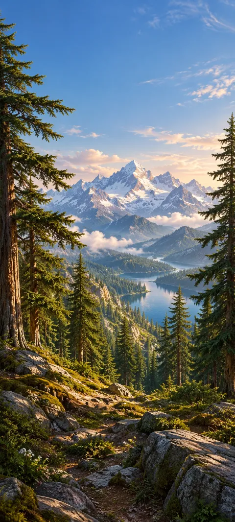 Cedar forest opens toward snow peaks in clear air.