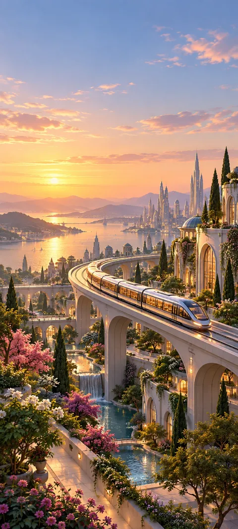 An elevated transit loop sweeps above a garden district.