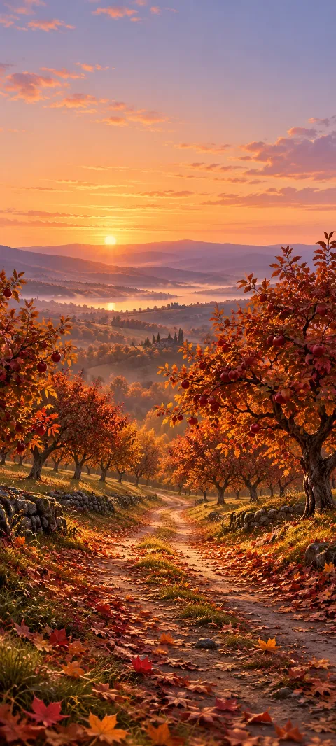 An orchard lane recedes between russet trees and fallen leaves.