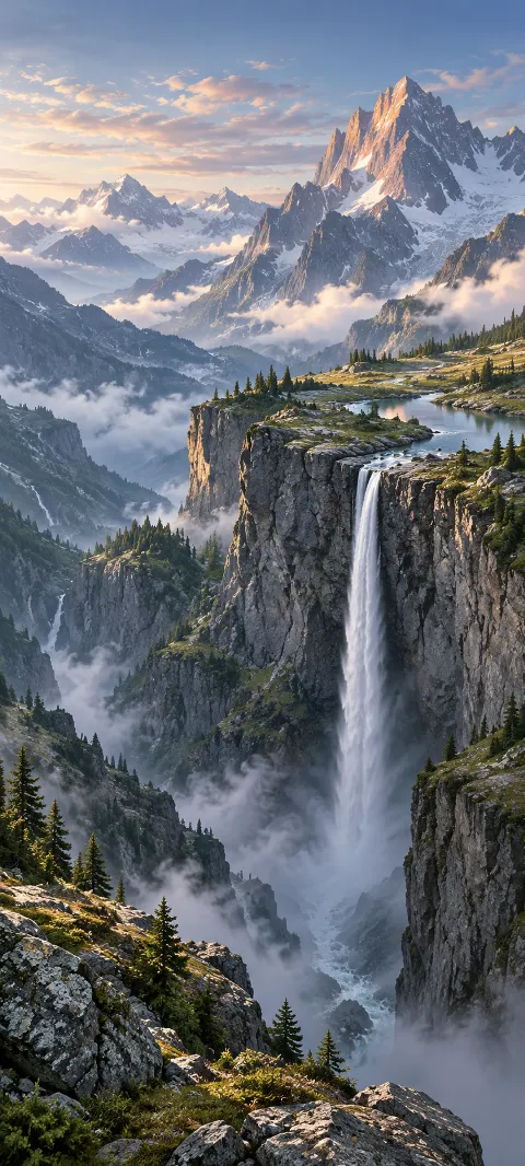 A thin waterfall drops from a bright mountain shelf.
