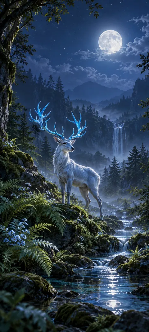A blue-antlered stag stands beside a moonlit forest stream.