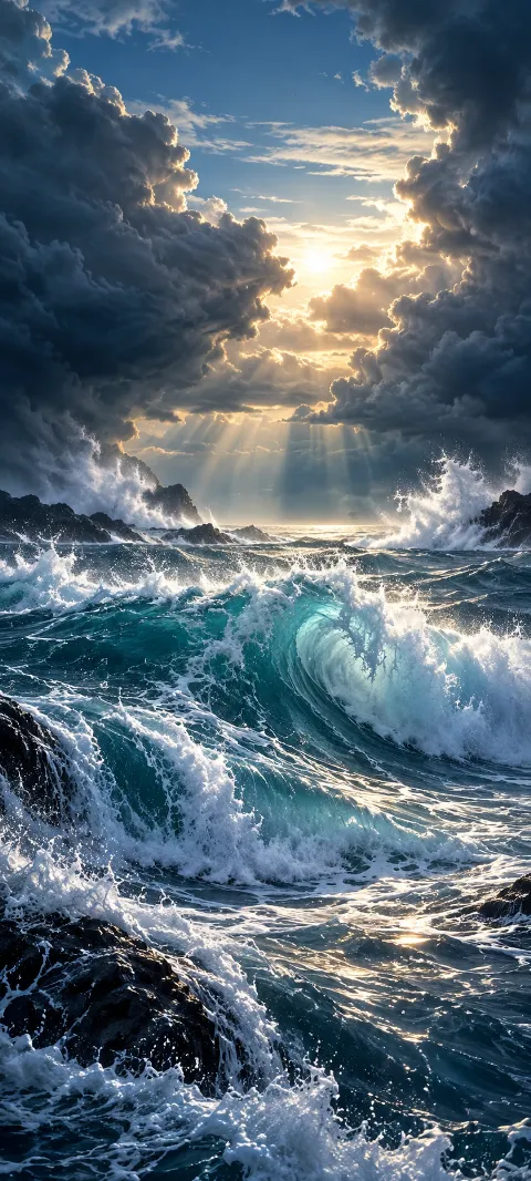 A single breaker rises beneath storm clouds.