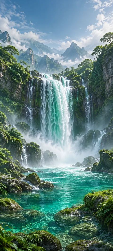 An emerald waterfall drops through moss and mist.
