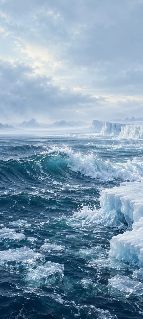 Blue Arctic wave and floating ice fragments beside an ivory ice shelf.