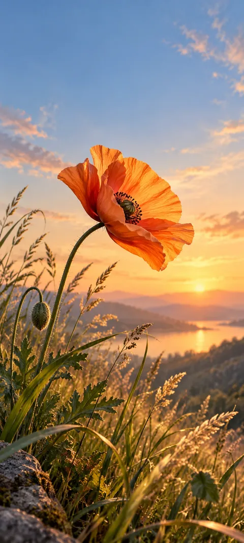 An orange poppy bends above grasses in a light breeze.