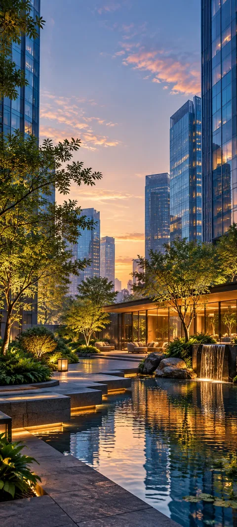 A quiet courtyard sits between blue glass towers.
