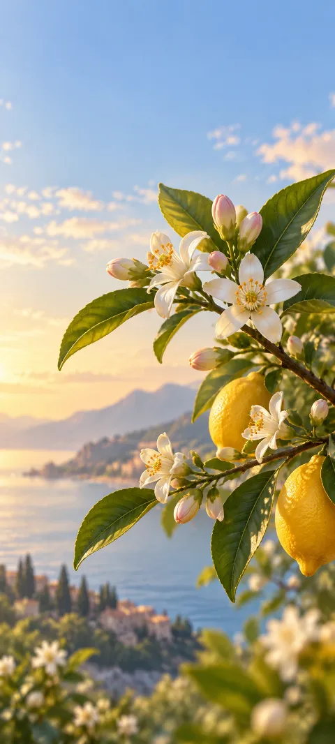 Small lemon blossoms open along a slender green branch.