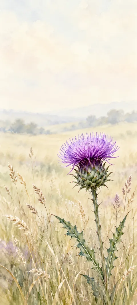 Purple thistle bloom and spiny leaves among pale golden meadow grasses.