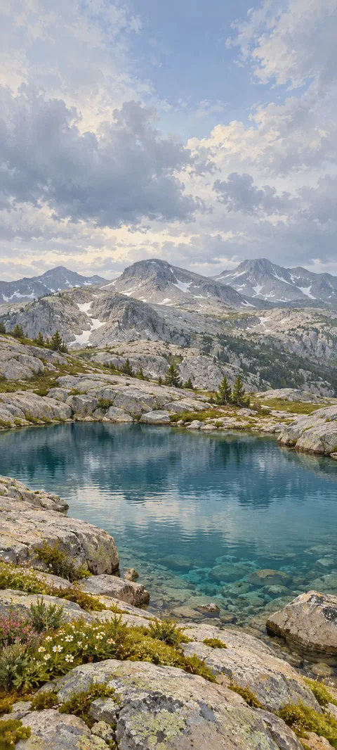 Clear teal alpine lake among granite rocks beneath snowy mountain ridges.
