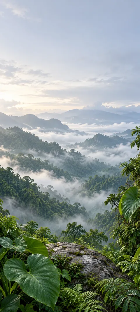 Broad green leaves and a rocky overlook above mist-filled rainforest ridges.