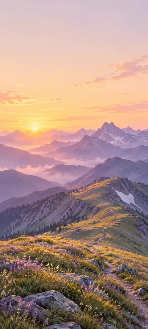 Trail along a grassy mountain ridge with lavender peaks and a peach sunrise sky.