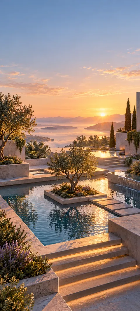 Concrete terraces and reflecting pools catch sunrise light.