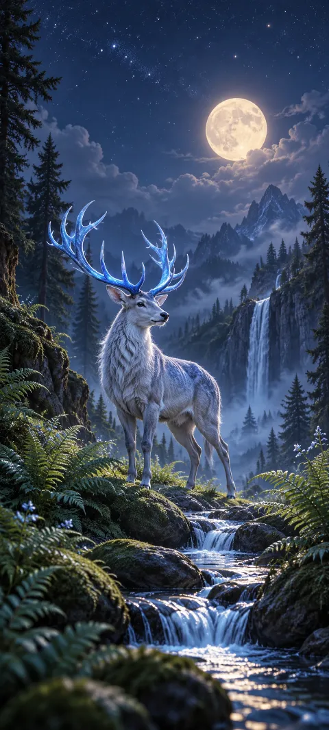 A blue-antlered deer stands in a moonlit fern hollow.