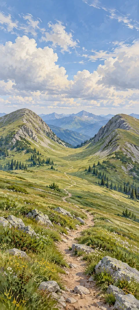 Winding path through a grassy mountain saddle with rounded peaks on either side.