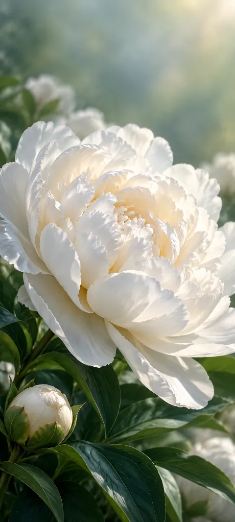 A white peony opens in soft diffuse garden light.