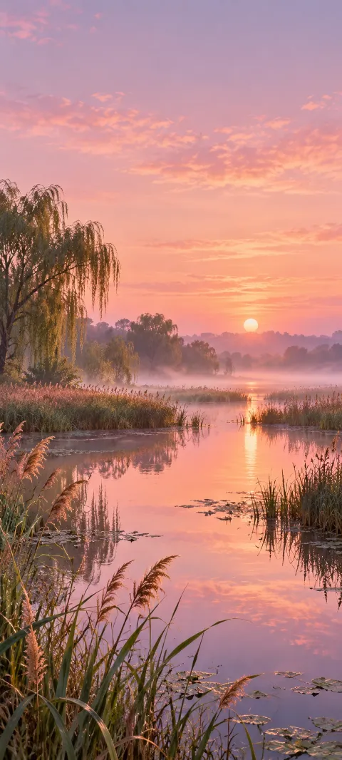 Willows and reeds surround a marsh reflecting a pale rose dawn.