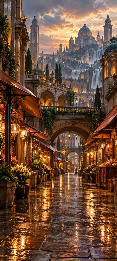 An imagined market arcade glows beneath copper awnings.