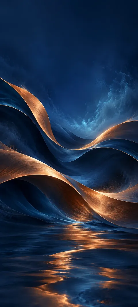 Indigo and copper bands fold through a deep blue field.
