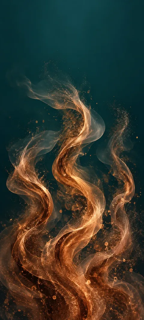 Three curling copper vapor strands with fine gold particles against a deep teal background.
