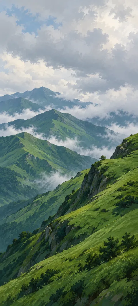 Layered green mountain ridges with drifting white cloud.