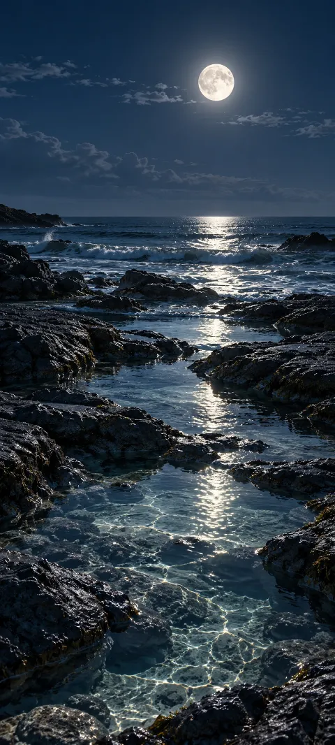 Moonlit tide pools mirror a deep blue sky.