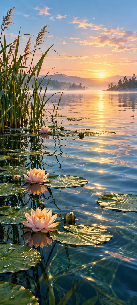 Morning water threads between reeds and floating leaves.