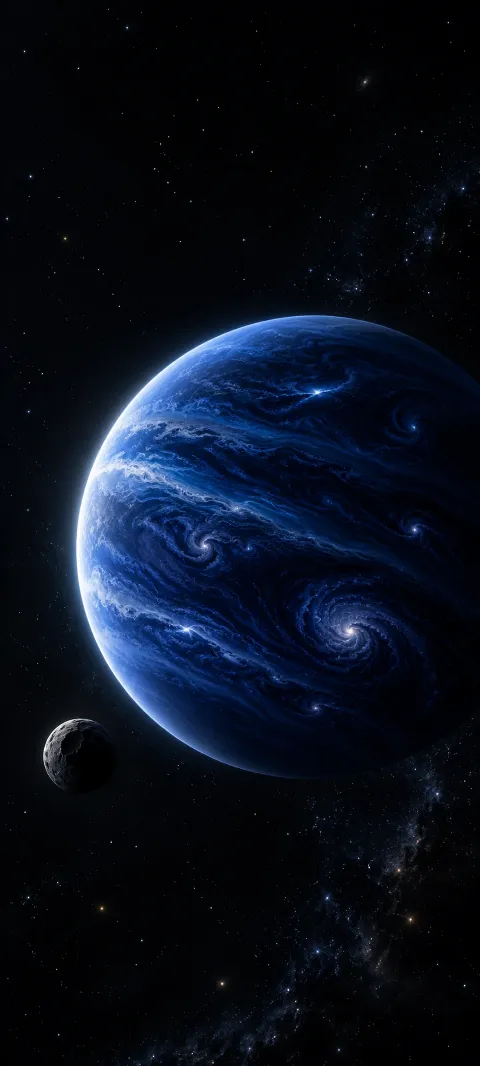 A cobalt-blue storm planet with a pale lit rim and a small shadowed moon in space.