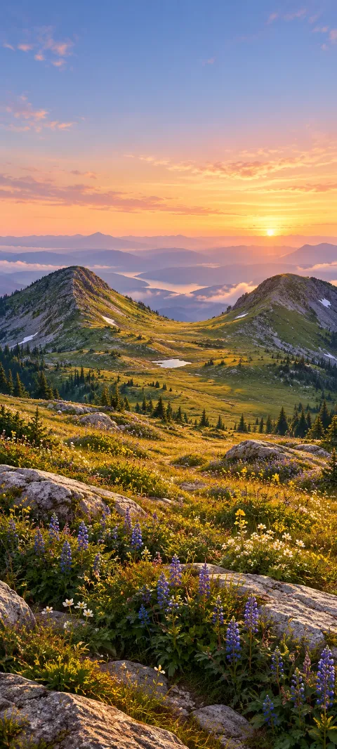 A flower-filled meadow saddle curves between two rounded peaks.