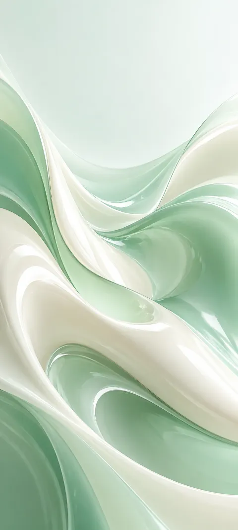Mint and ivory glossy ceramic sweeps form an abstract flow.