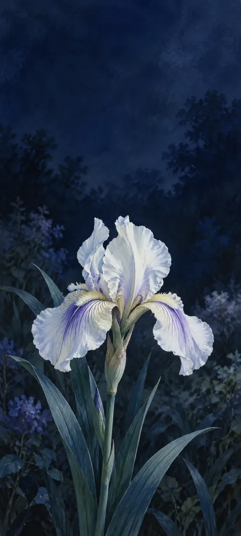 White iris with violet-veined ruffled petals and blue-green leaves against a dark blue garden.