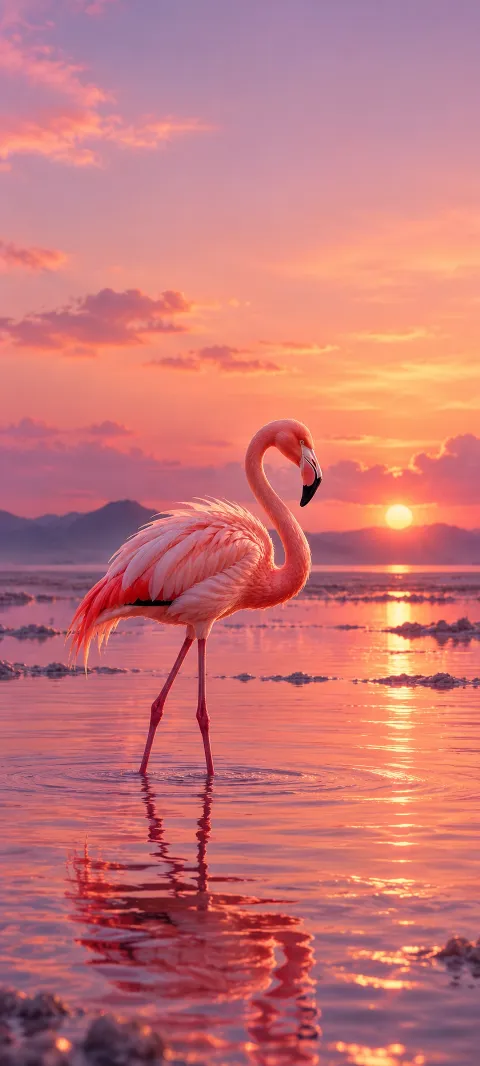 A flamingo stands in coral sunset water.