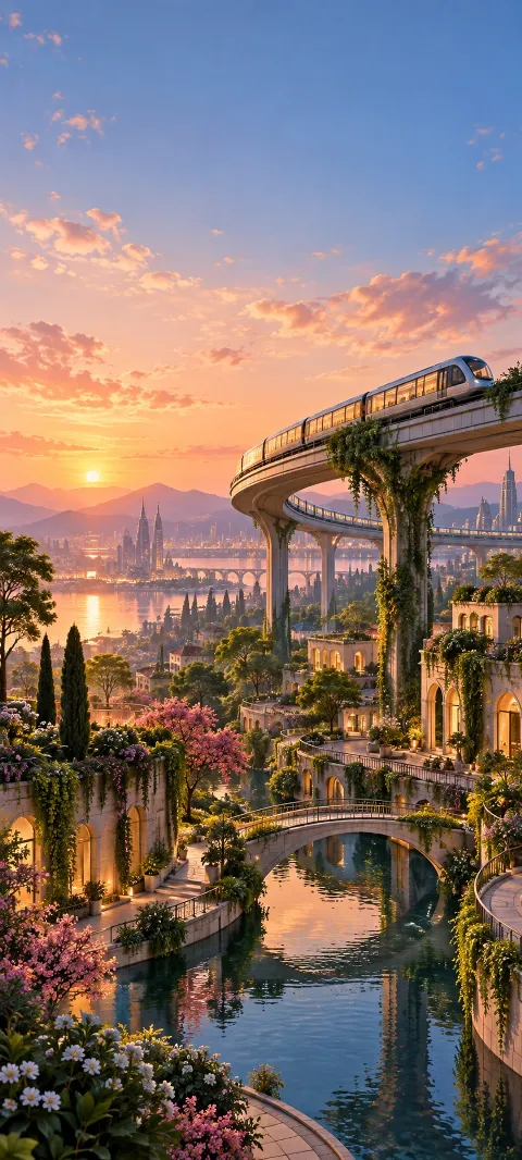 An elevated transit loop sweeps above a garden district.