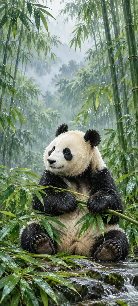 A seated giant panda holding bamboo in a wet green grove.
