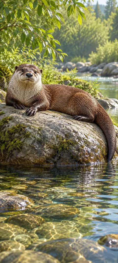 Brown otter resting on a wet stone above clear shallow river water.