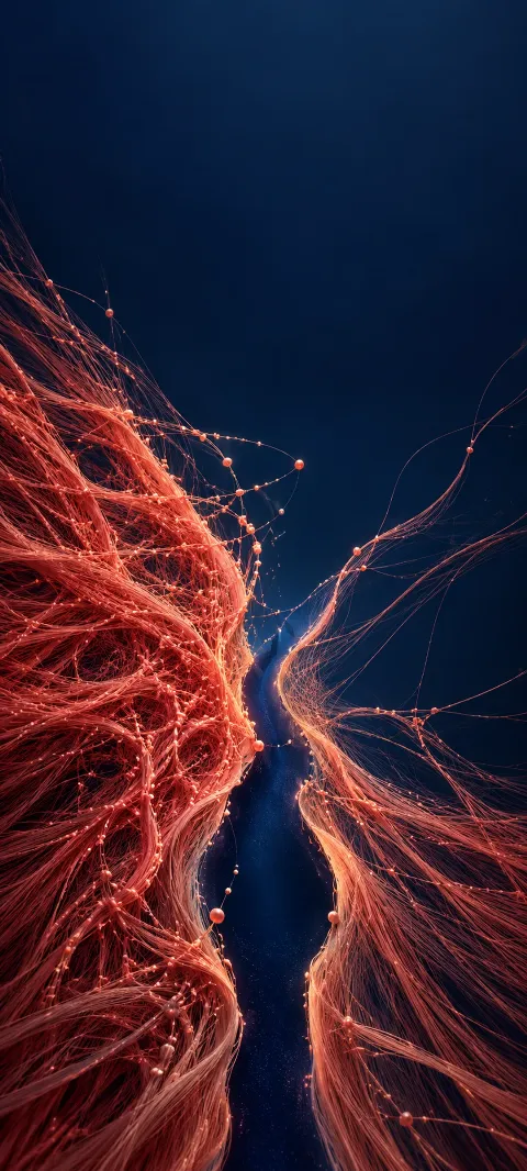 Coral-colored fiber strands framing a narrow vertical indigo opening.