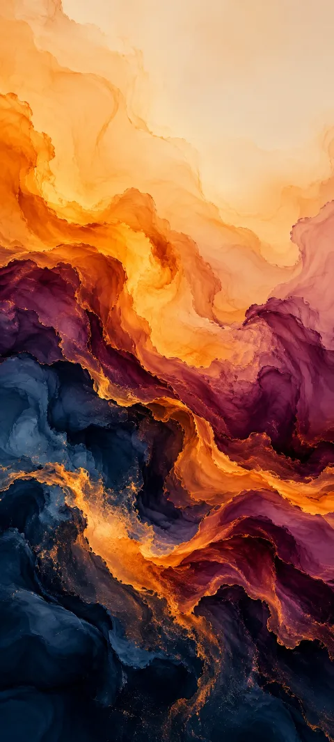 Saffron plumes expand into plum and navy abstract layers.