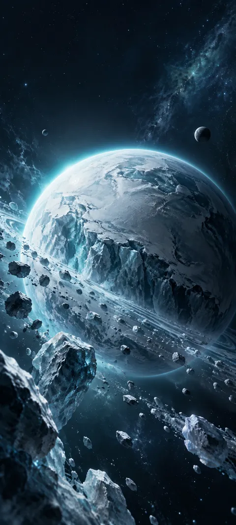 An icy glacier planet catches a cyan halo.