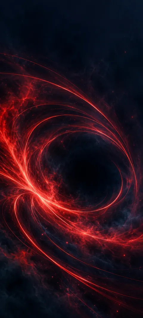 Scarlet light arcs and smoky red filaments surrounding a dark opening in navy space.