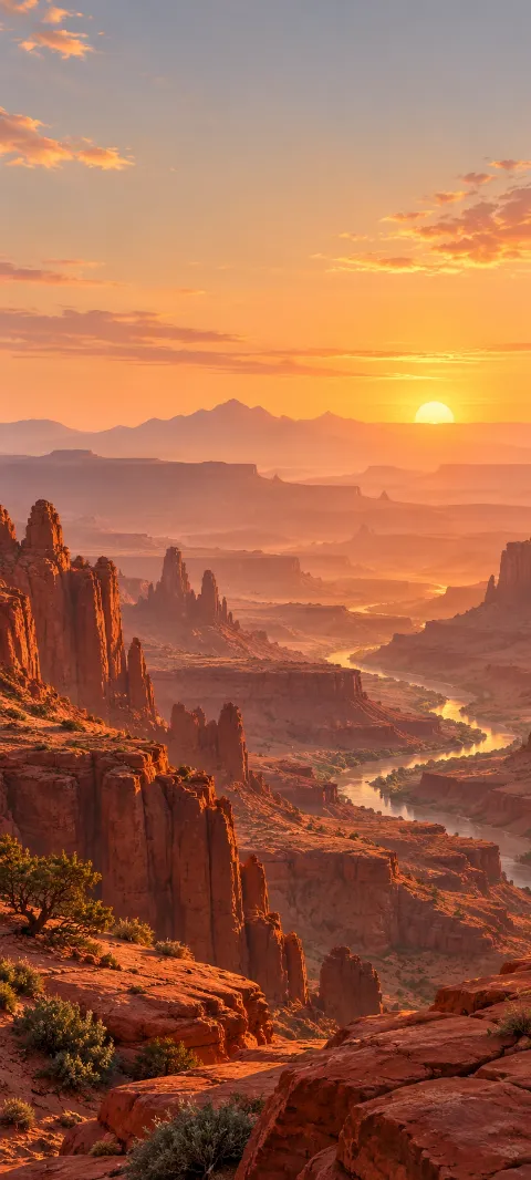 Layered red canyon peaks fade into warm dusty distance.
