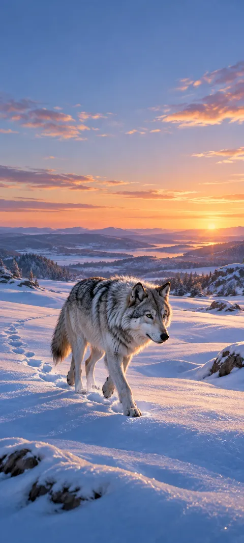 A silver wolf crosses a quiet blue snowfield.