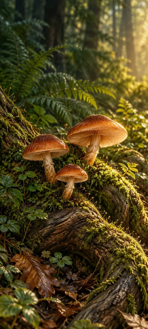 Three chestnut mushrooms with pale gills growing on a moss-covered forest root.