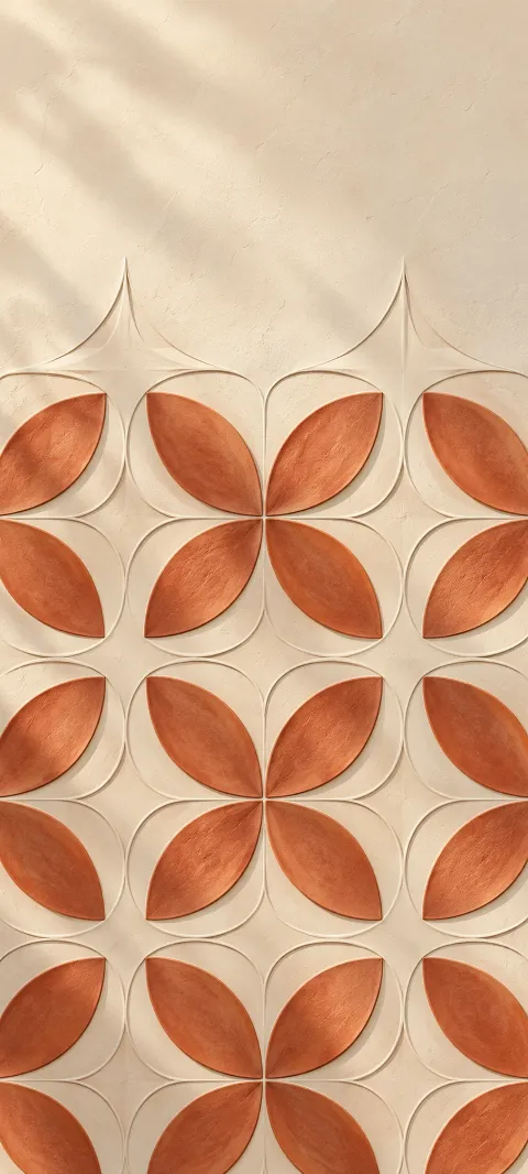 Terracotta petals repeat inside a cream geometric grid.