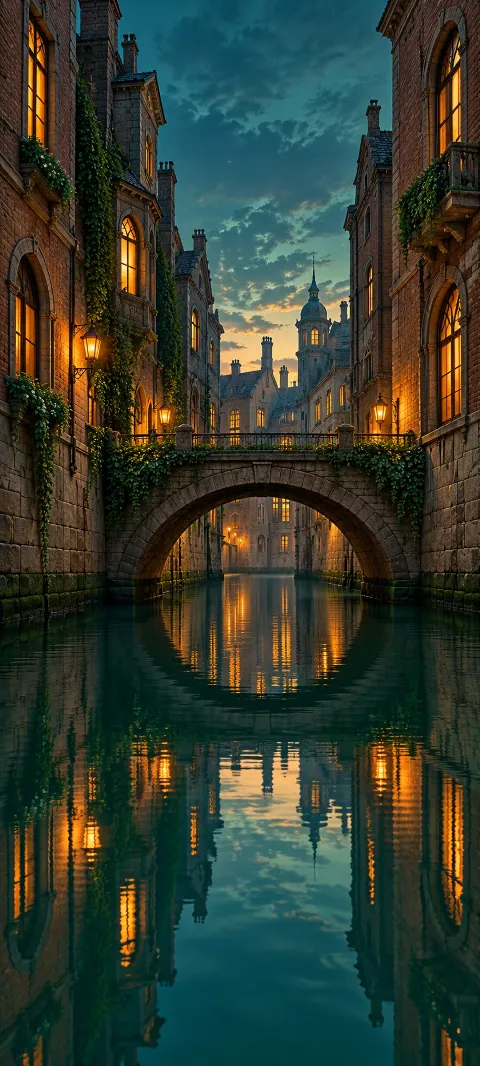 Amber windows reflect in an emerald canal beneath an ivy-lined stone bridge.