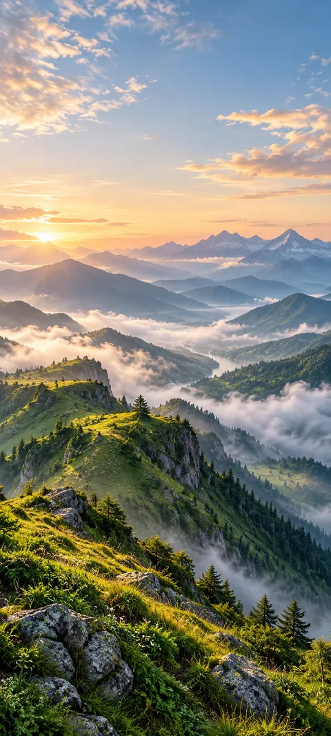 Green mountain folds recede beneath soft cloud.